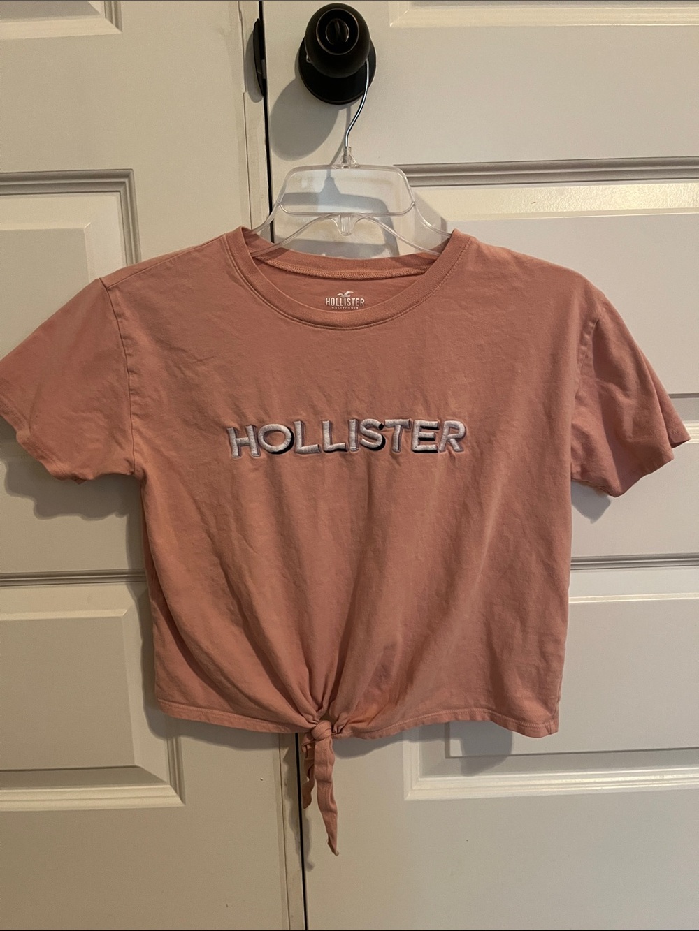 Hollister Dusty Rose Tie Front Crop Tee Logo T-Shirt Women’s XS